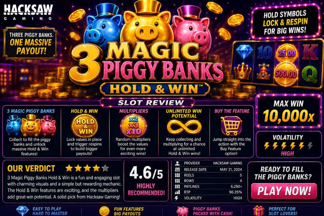 You are currently viewing 3 Magic Piggy Banks Hold & Win (Hacksaw Gaming) Slot Review
